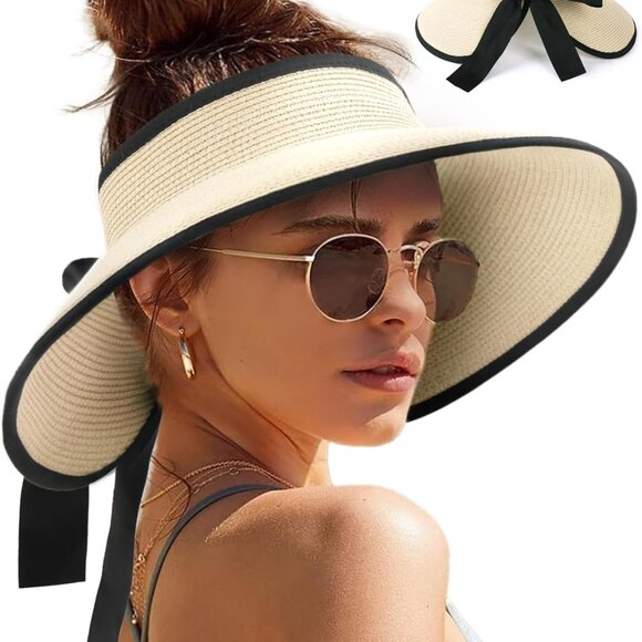 Sun Visor Hat Women Wide Brim Foldable Straw UV Protection Summer Packable - Picture 1 of 9